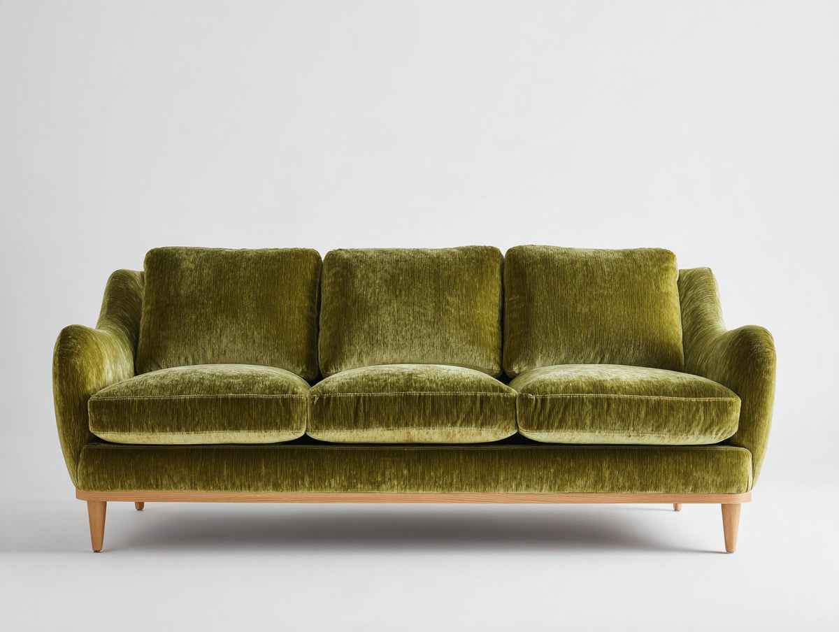 Canapé 3 places - Velours-Bois - 226x91x85 cm - Vert olive-Bois naturel - Style rétro