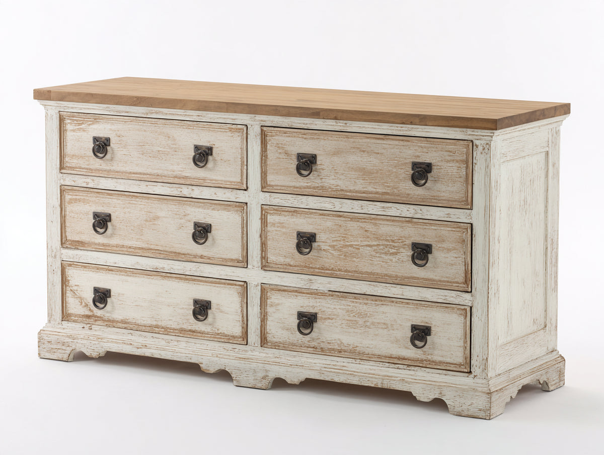 Commode - Bois-Métal - 155 x 50 x 88 cm - Blanc cassé-Bois naturel - Style rustique