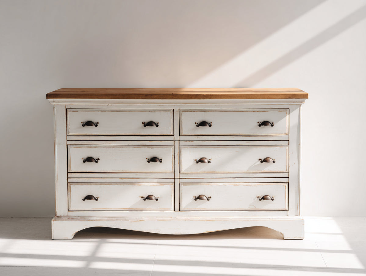 Commode - Bois-Métal - 140 x 45 x 85 cm - Blanc-Brun - Style rustique